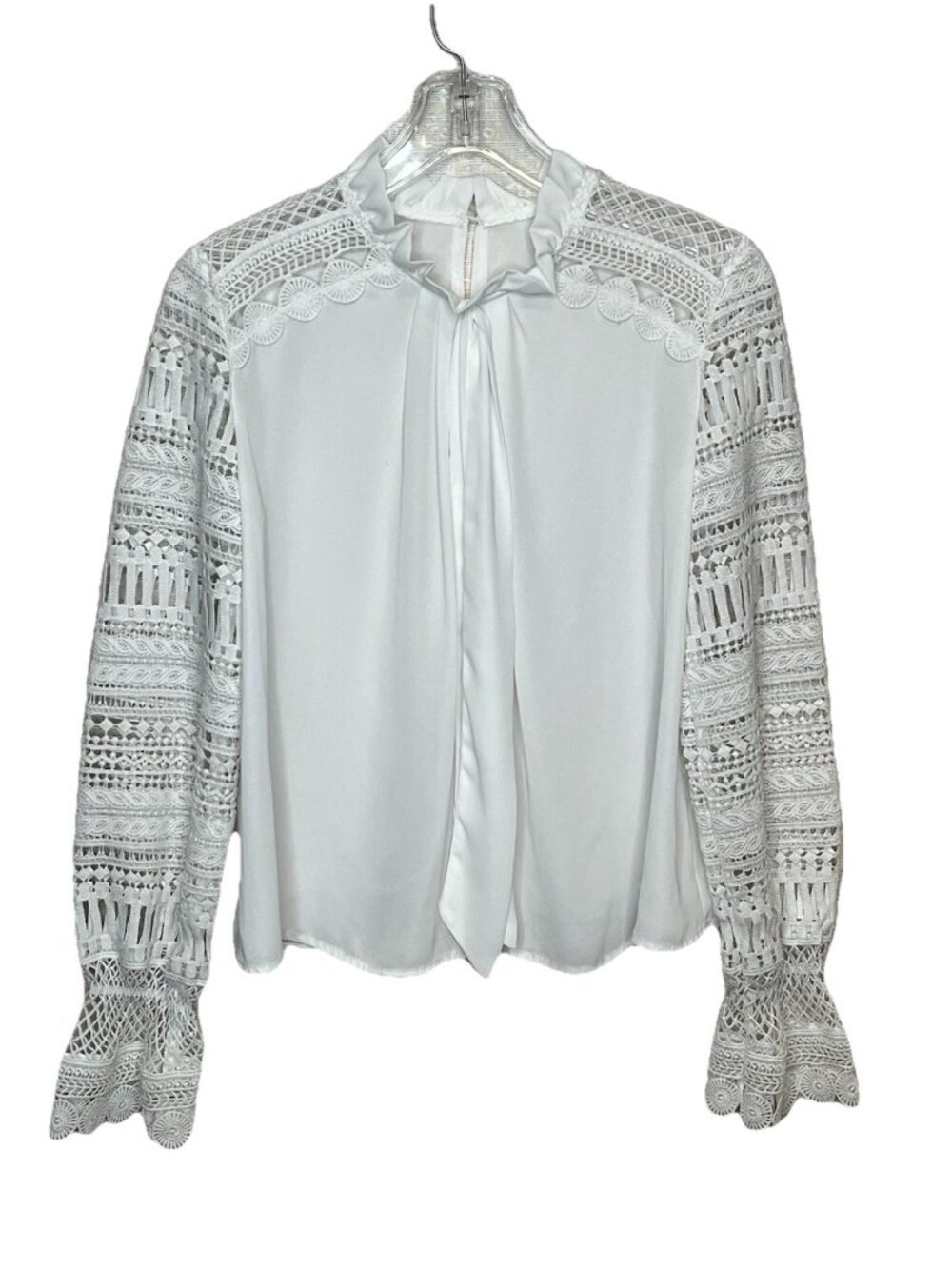 White Lace Sleeve Blouse Small Tie Neck Romantic Victorian Cottagecore Top
